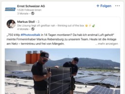Linkedin Post der Ernst Schweizer AG zur Photovoltaik installation