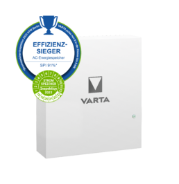 weißes Rechteck mit Varta Logo und Effizienzsiegel