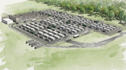 Illustration of an aerial view of a large battery storage facility