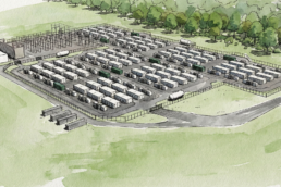 Illustration of an aerial view of a large battery storage facility